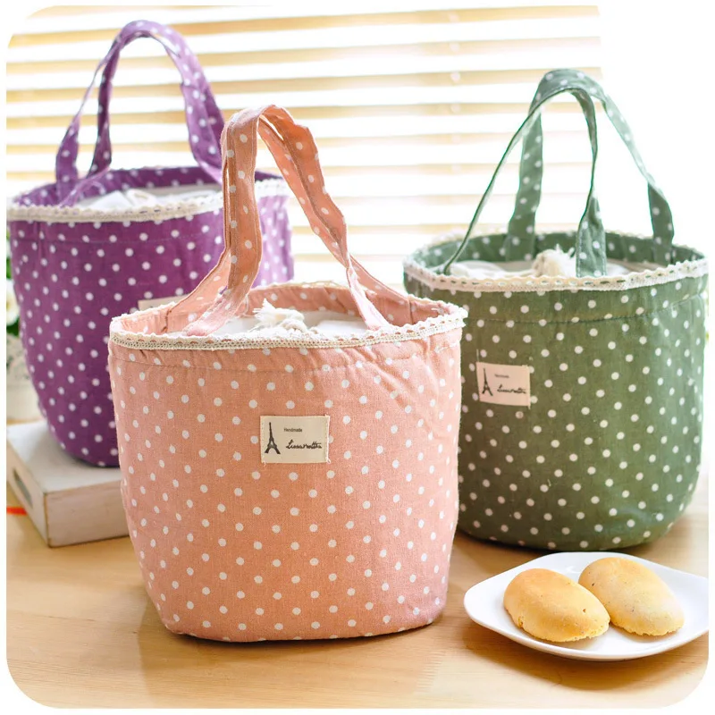 

Lovely Polka Dot Cotton Canvas Lunch Bags Korean Cute Ice Pack Cooler Bag