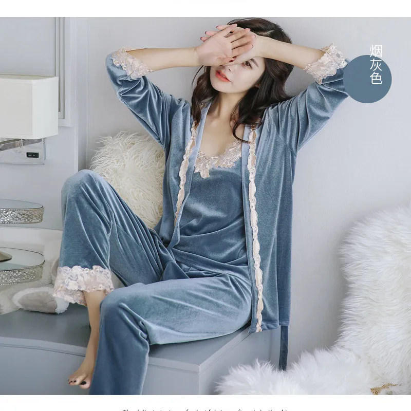 Бархатные костюмы для сна Осень зима женский кардиган Camisolo и свободные штаны