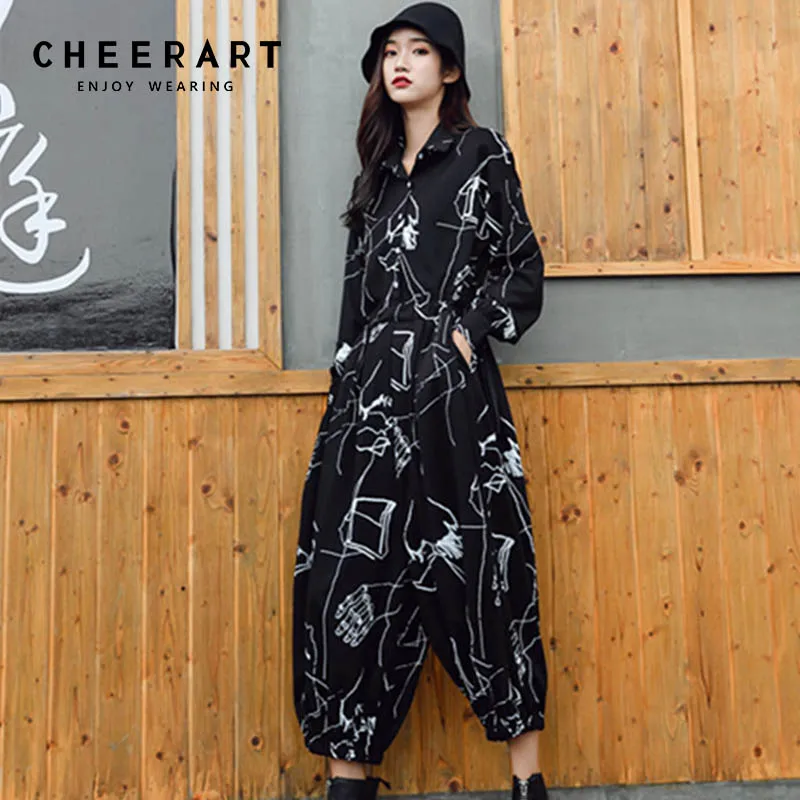 Женский комбинезон в стиле хип-хоп Cheerart черный Свободный с длинным рукавом и