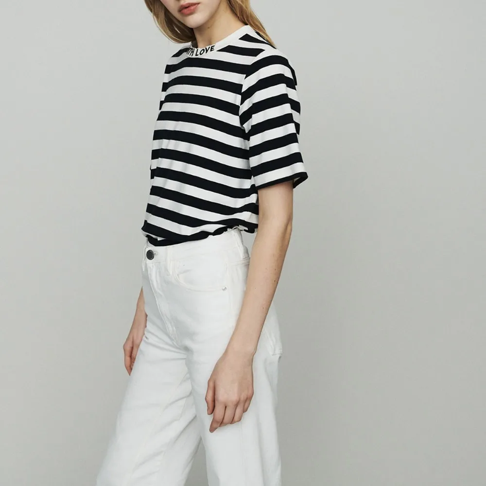 HDY Haoduoyi Femme Tops Summer Stylish Sweet Preppy Style Letter Stripe Knit T-shirt Embroidered O-Neck Loose Metal Zipper Tees | Женская