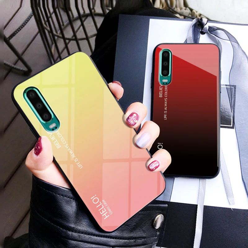 Чехол для huawei P30 градиент закаленное Стекло задней панели + мягкий резиновый