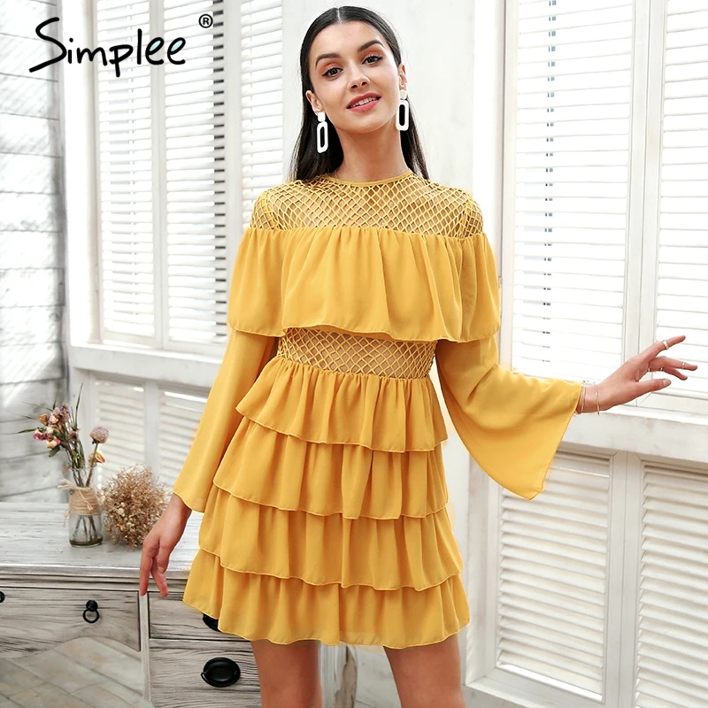 Simplee рюшами из сетчатого материала летнее платье Для женщин рукав фонарик