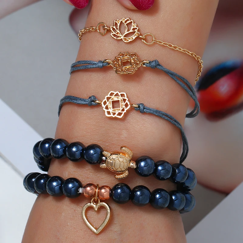 

Bohopan 5PCS/Set Fashion Navy Natural Stone Bracelets Simple Hollow Heart Bracelets For Women Double Blue Link Bangles Bracelets