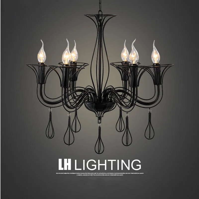 

Candle American Country Rrtro Black Pendant Light With E14 Bulbs Creative LOFT Iron Lamp For Bar Restaurant LED Candle Light