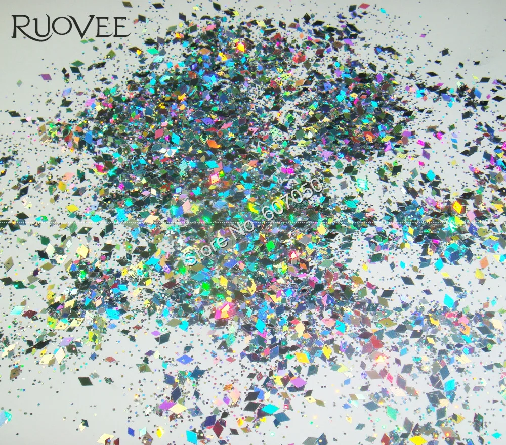 Голографический лазерный серебряный блеск 50 грамм смешанные алмазные Ромбы