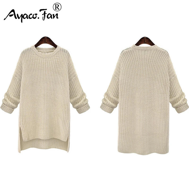 2019 Winter Midi Long Thick Sweaters for Women New Irregular O-Neck Cute Solid Knitted Pullovers Girls Lady Casual Split Sweater | Женская