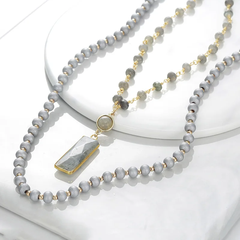 BOJIU Fashion Square Long Pendant Necklace Round Grey Crystal Women Wood Beads In Jewelry NKS193 | Украшения и аксессуары