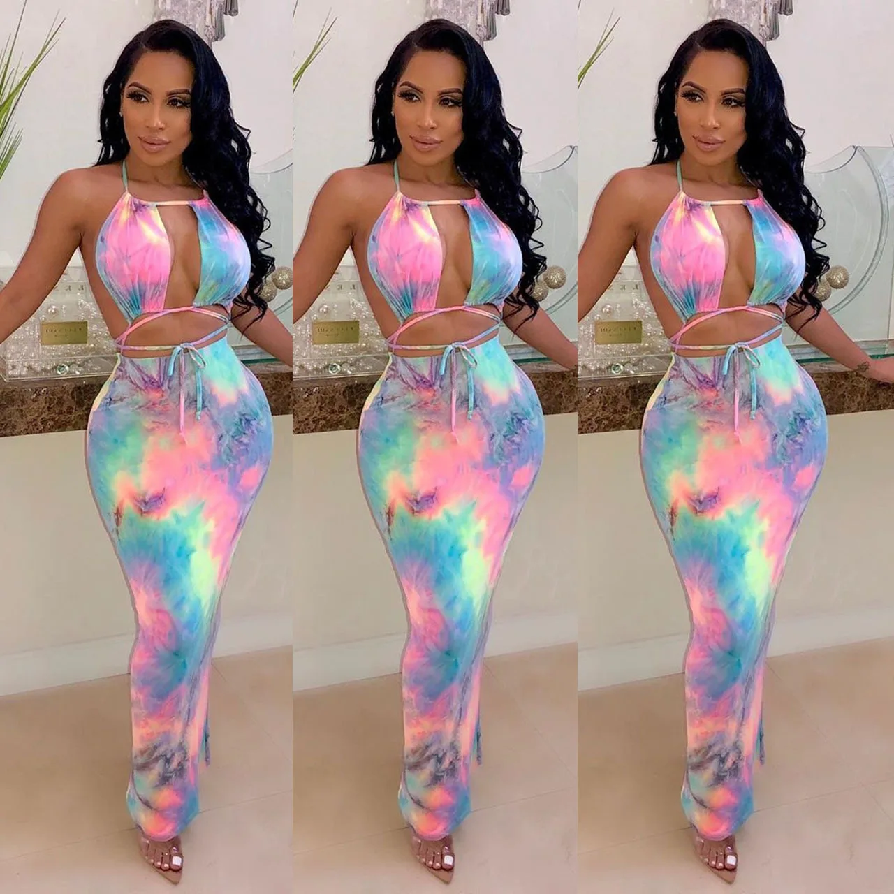 Summer New Women's Tie-dyed Printed Tube Top Hanging Neck Mid-waist Sleeve Dress Beach Party Pencil K8036 | Женская одежда