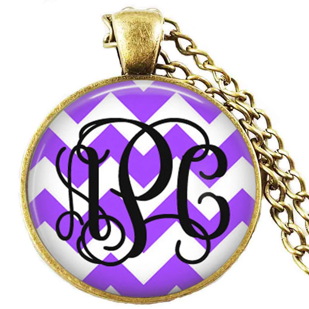 

monogram purple chevron necklace chain , chevron pendant women gift , monogram jewelry monogram glass dome art pendant