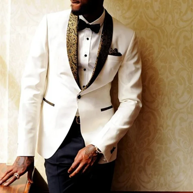 

Ivory Wedding Suits Tuxedos Slim Fit Gold Pattern Lapel Prom Party Suits For Men Cheap Groomsman Suit (Jacket+Pan