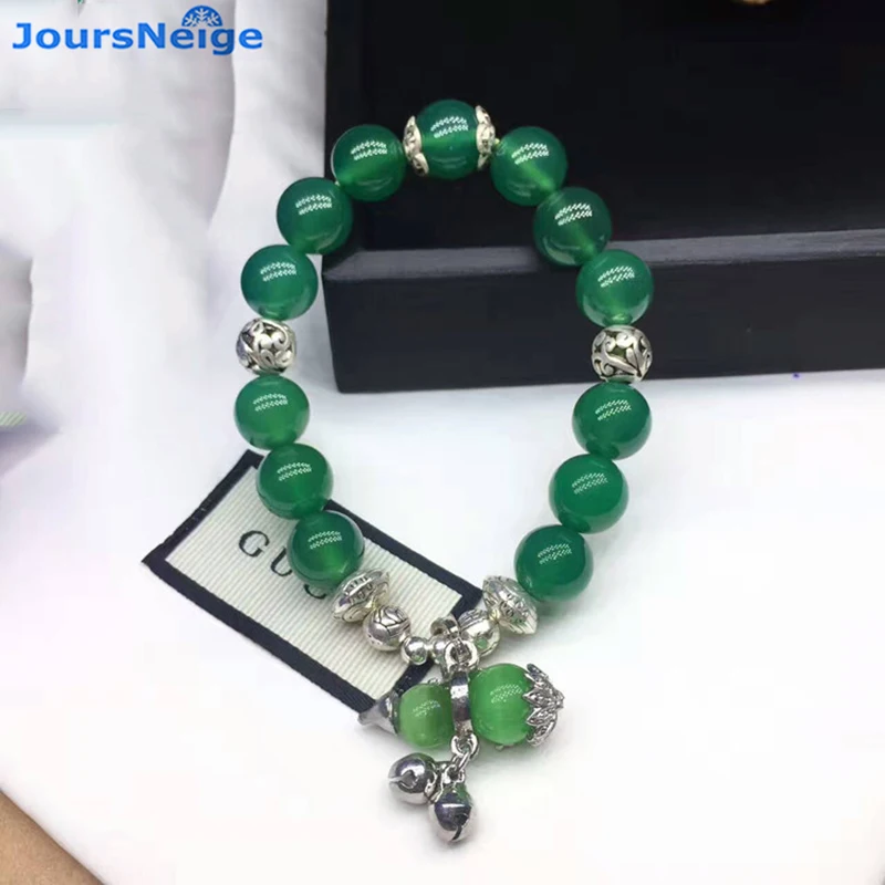 Green Natural Crystal Bracelets Round Bead with Tibetan silver cat eye gourd Pendant for Women bracelets Jewelry | Украшения и