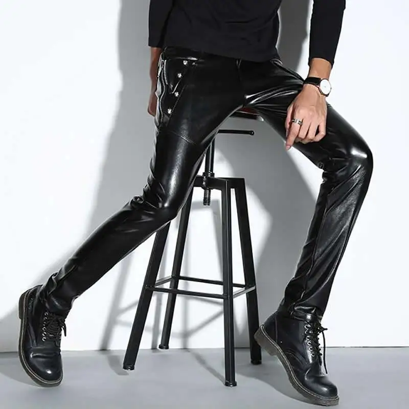 New Men Skinny Leather Pants Fashion Faux Leather Trousers For Male DJ Rock Stage Club Wear Biker Motorcycle Pants