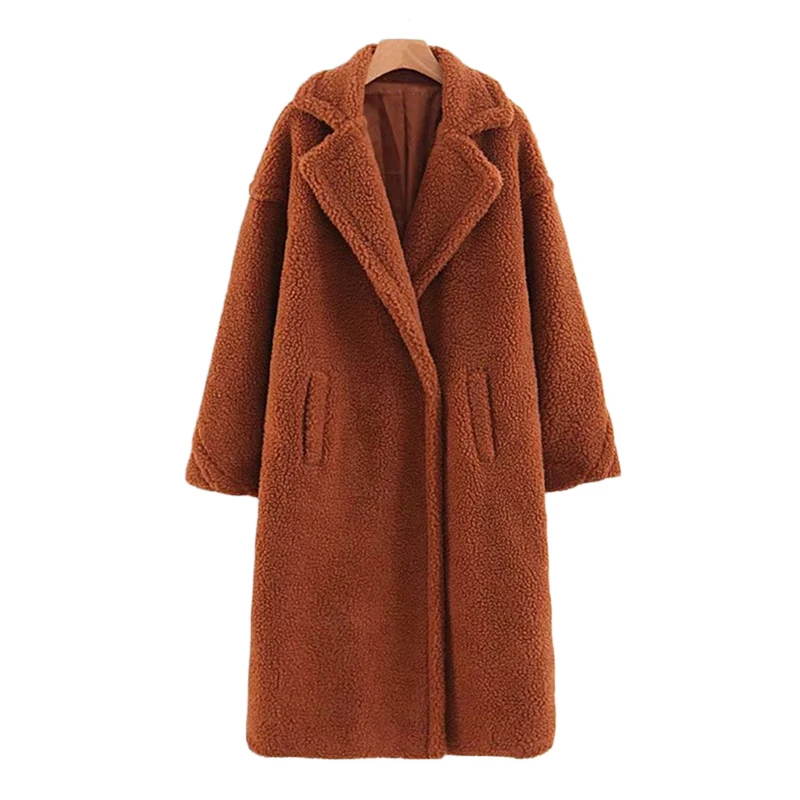COLROVIE Brown Solid Pocket Open Front Casual Teddy Coat Women Autumn Fashion Warm Long Coat Office Ladies Elegant Outwear