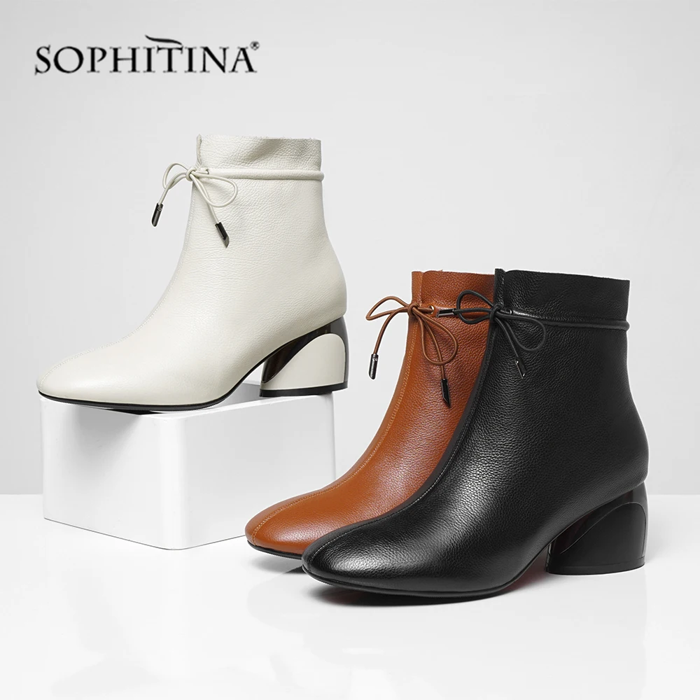 SOPHITINA Special Design Square Toe Boots High Quality Genuine Leather Fashion Zipper Shoes Round Heel Elegant Ankle PO208 | Обувь