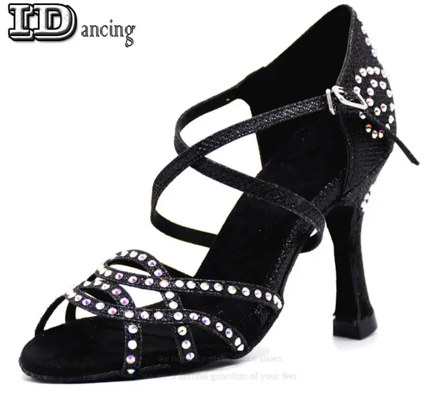 black heel 7.5cm Современные танцевальные туфли; бальные туфли; туфли для латиноамериканских танцев; женские танцевальные туфли для сальсы; женские черные туфли со стразами; танцующий цветок; каблуки; JuseDanc - Цвет: black heel 7.5cm