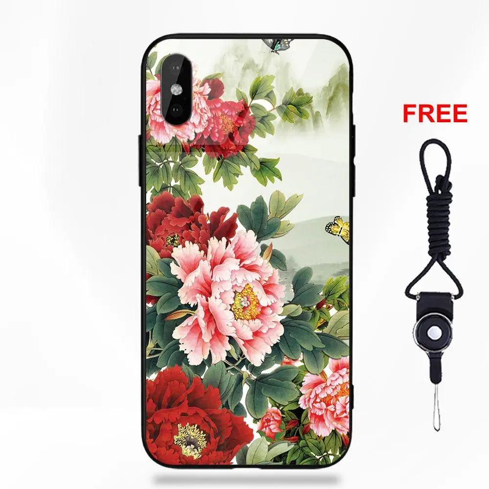 Soft TPU Frame+Tempered Glass Covers For Apple iPhone 5 5C 5S SE 6 6S 7 8 Plus X XS Max XR Art Peony Flower Beautiful Flowers | Мобильные