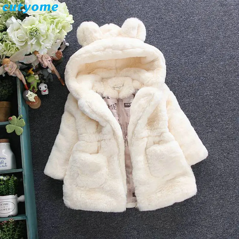 Thick Baby Coat 2021 Winter Clothes For Children Girls Faux Fur Pink White Black Hooded Kids Jacket Warm Outerwear | Детская одежда и
