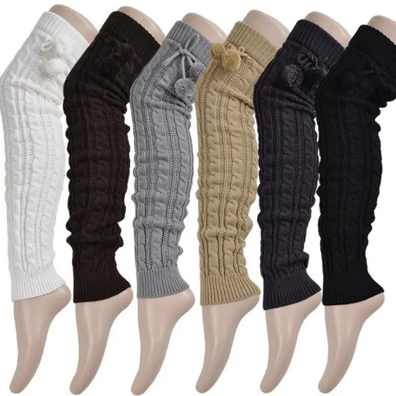 

2020 Women Winter Leg Warmers Knee High Thigh High Tie Cable knitted Long Boot Socks 65CM Winter Warm Leg Covers