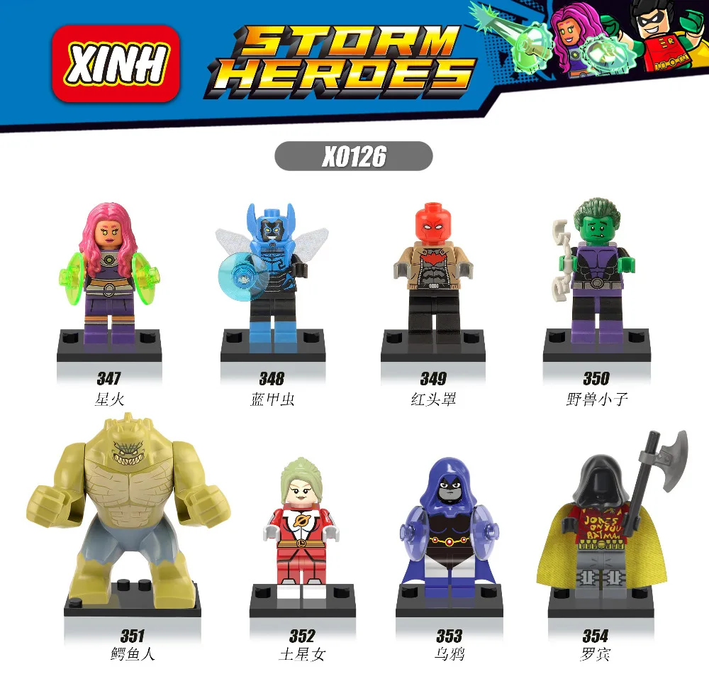 Nuev Marvel Супер Герои комиксов Starfire Escarabajo Azul Killer Croc Saturno Chica Cuervo строительные блоки