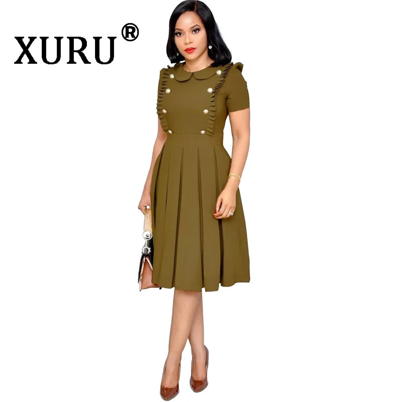 

XURU New Women's Dress Lotus Leaf Collar Short Sleeve Dress Pleated Red Black Blue Army Green Dress