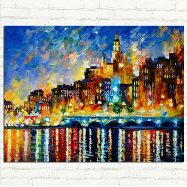 

Palette Knife Hand Painted Oil Painting On Canvas Modern Wall Decor Art Set Abstract Street Lights Bench Night Scenery Picture