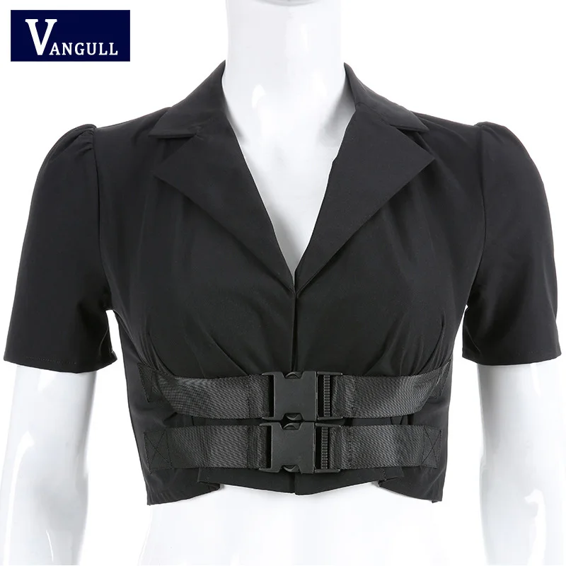 Vangull новый черный Высокая Талия куртка Лето 2019 Для женщин отложным воротником Crop