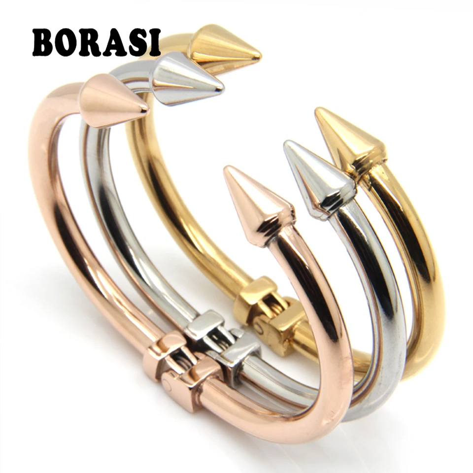 

Top Quality Stainless Steel Jewelry Conical Arrows Bracelets & Bangles Wholesale Gold Color Cone Nail Cuff Bracelet For Women