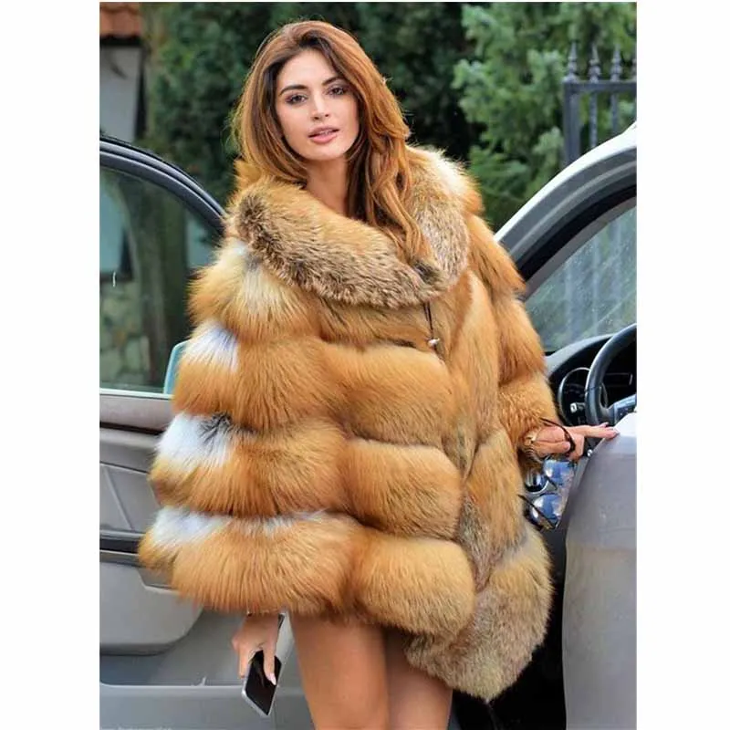 TOPFUR Plus Size Real Fur Coat Women Winter Thick Cape With Fur Collar Natural Gold Fox Fur Jacket Batwing Sleeve Luxury Poncho