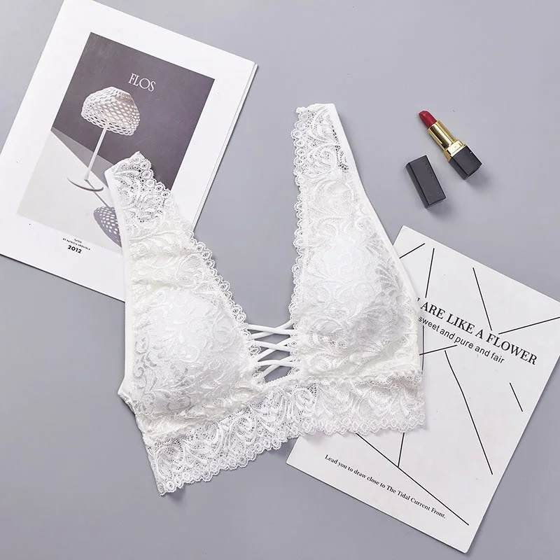 

Sexy Lace Deep V Back Bralette Camisoles Tank Top Women Cross Wirefree Underwear Lingerie Brassiere