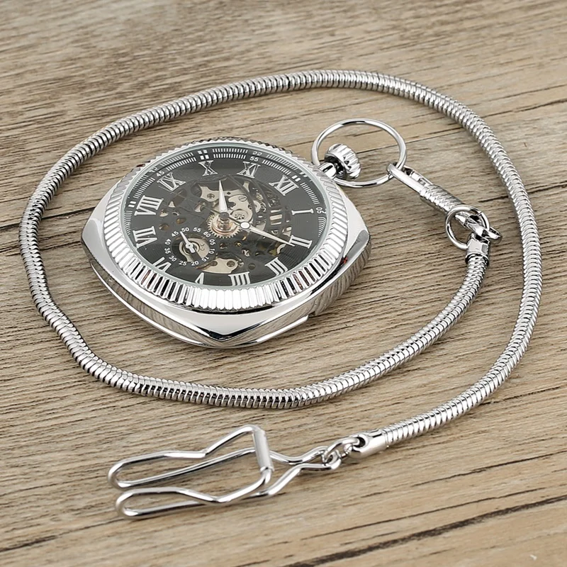 

Fashion Hand-winding Mechanical Pocket Watch Unique Square Fob Watches Men Round Snake Chain Pendant Clock Gift