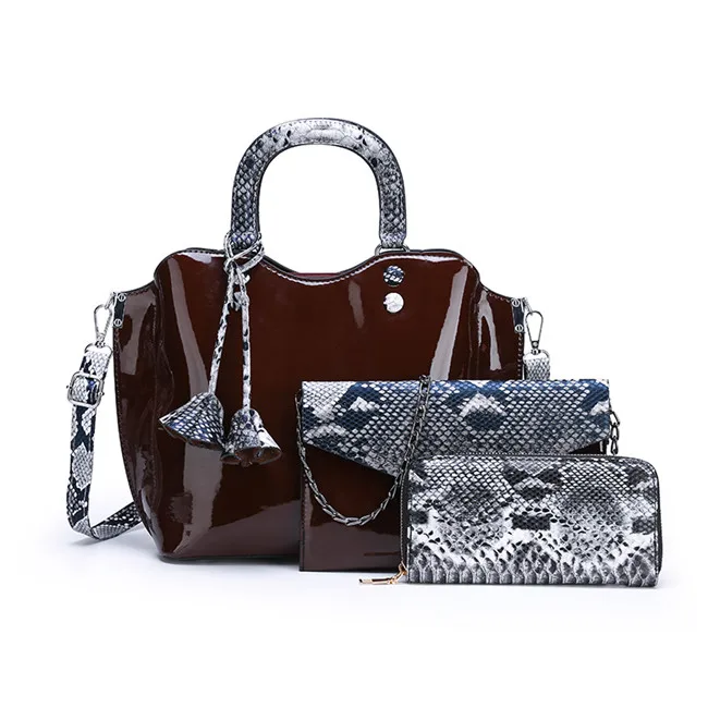 Brown3 3 шт., роскошная лакированная кожаная сумка, женская сумка с цветочной кисточкой, сумка через плечо, дизайнерская Повседневная сумка, сумка-клатч с ручкой под змеиную кожу - Цвет: Brown3