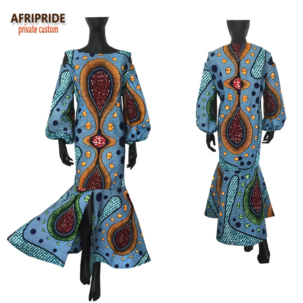 Afripride African Spring Party Dress for Women Lantern Sleeve Off-Shoulder Ankle-Length Trumpet Women Cotton Dress A7225137