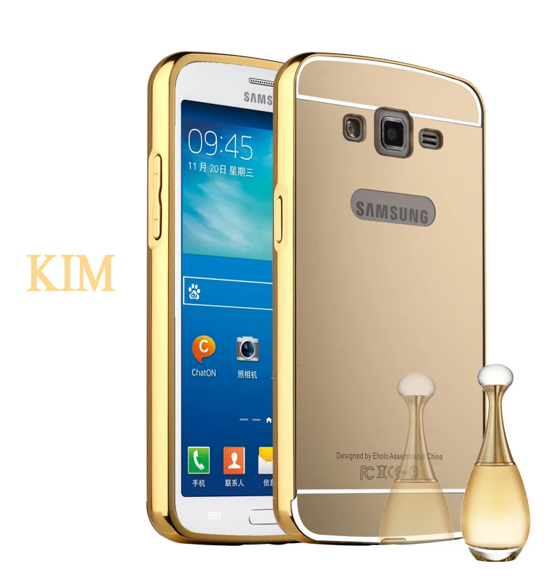 Золотой G710 чехол для samsung Galaxy Grand2 G7102 бампер алюминиевая рамка+ зеркальная акриловая задняя крышка Черный Grand 2 Duos SM 7102 710 чехол s - Цвет: Золотой