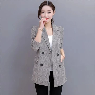 

High Quality Women Gray Plaid Office Lady Blazer Jacket Fashion Notched Collar Work Suit Elegant Work Blazers Feminino