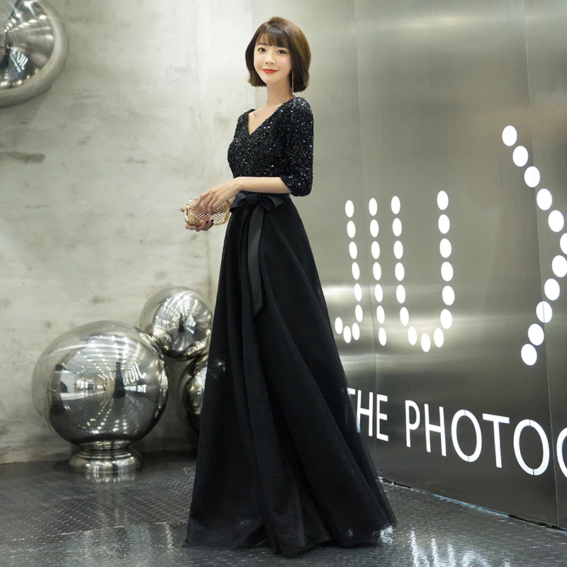 weiyin 2019 New Black Half Sleeves V-neck Elegant Sequined Zipper Luxury Party Formal Dress Floor Length Evening WY1526 | Свадьбы и