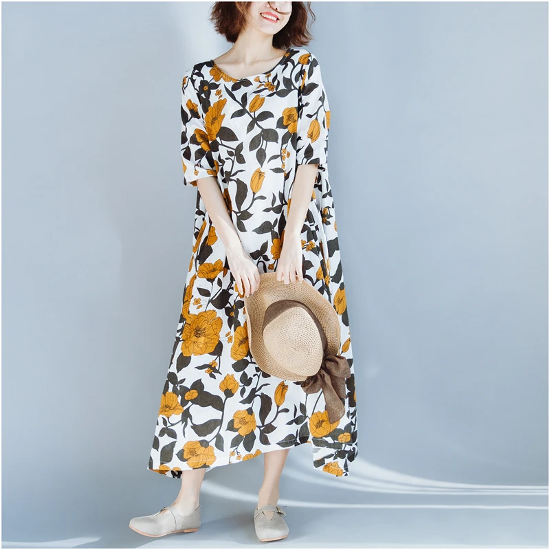 2018 Lagenlook хлопка с коротким рукавом цветочным принтом прямые платья дамы