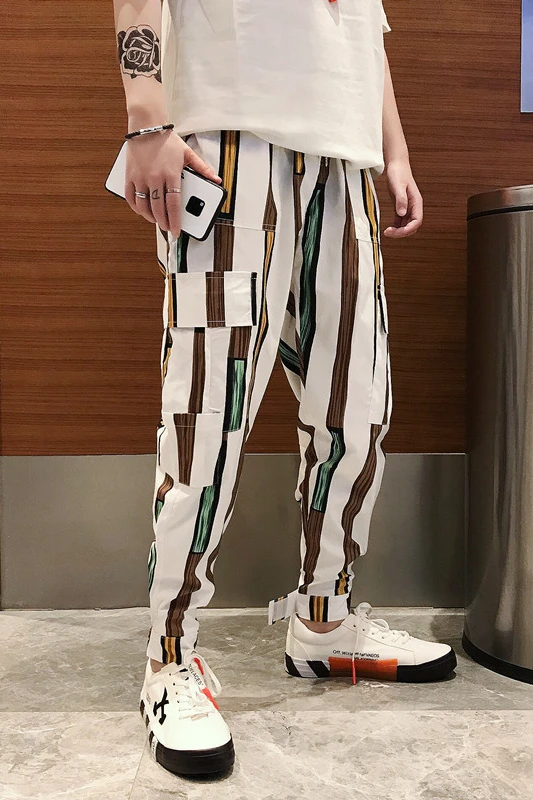 

M-2XL! Summer tide brand men's color stripe printing men's tooling casual pants hair stylist tide male youth feet pants.
