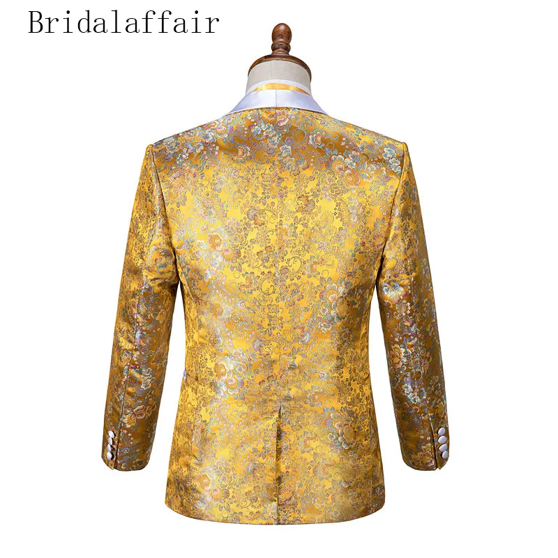 Bridalaffair, высокое качество, цветочный золотой костюм, Мужская шаль с отворотом, смокинг для жениха, мужские костюмы, приталенный, для свадьбы, Лучший человек, блейзер, наборы, 3 предмета