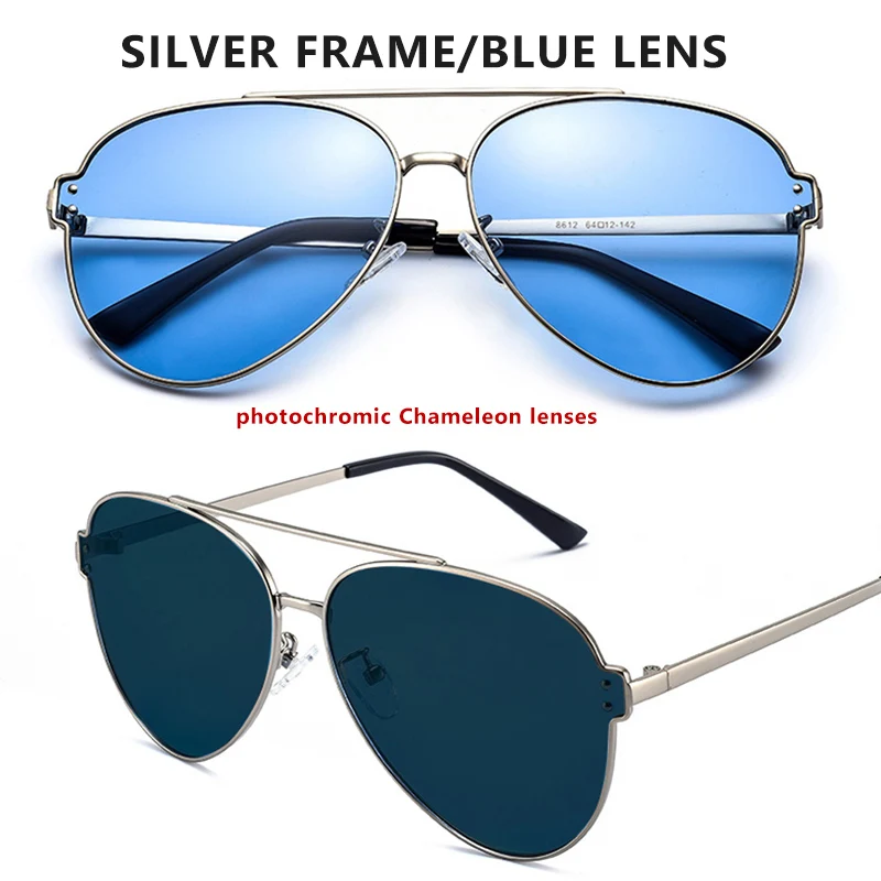 Silver-blue Брендовые авиационные голубые розовые фотохромные солнцезащитные очки для вождения, мужские и женские поляризованные солнцезащитные очки-хамелеоны, мужские солнцезащитные очки oculos de sol masculino - Цвет линз: Silver-blue