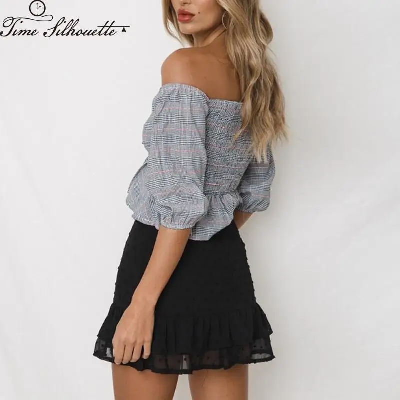 Пикантные Slash шеи с плеча осень шифоновый топ Для женщин блузки 2018 Половина