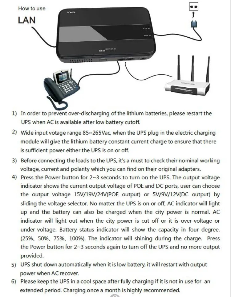 45 Вт мини Портативный UPS с 15/19/24VDC POE(Мощность Over Ethernet) и 5/9/12VDC Интерфейс широкий 85~ 265VAC Напряжение адаптер Встроенный