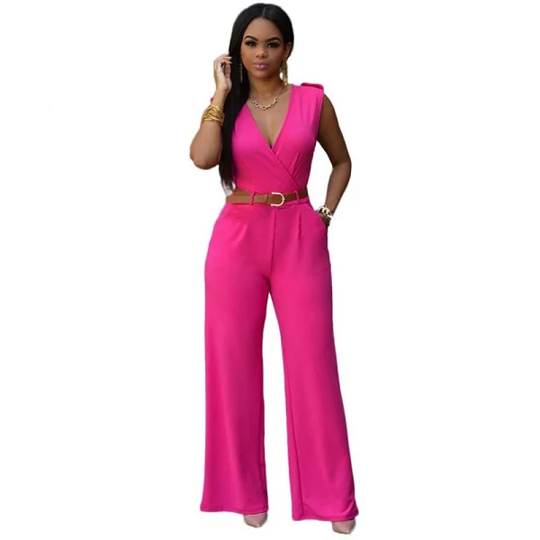 12 Colors Fashion Big Women Sleeveless Maxi Overalls Belted Wide Leg Jumpsuit macacao long pant Elegant Jumpsuits | Женская одежда