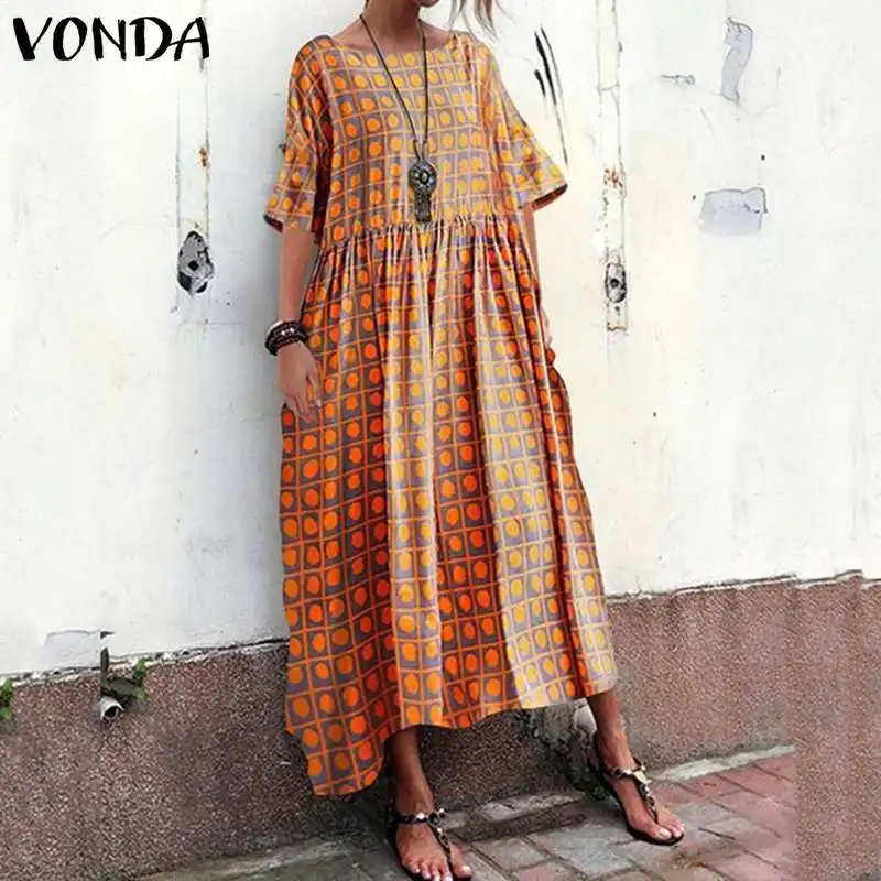 Длинные летние платья VONDA 2020 повседневное свободное платье с круглым вырезом и
