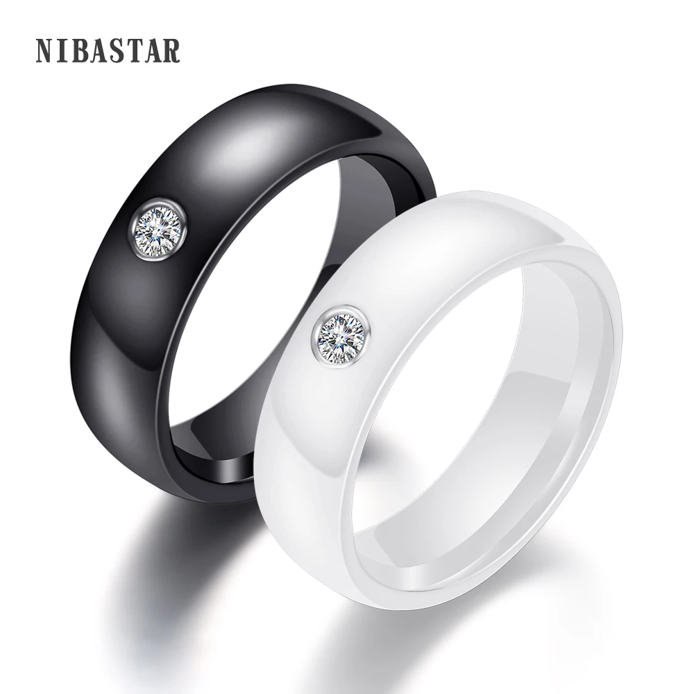 

New Arrival Black White Colorful Ring Ceramic Ring For Women With Big Crystal Wedding Band Ring Width 6mm Size 6-10 Gift For Men