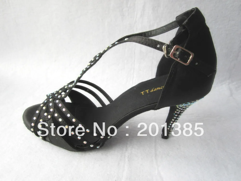 Новая женская обувь для бальных танцев черные Сатиновые туфли с кристаллами