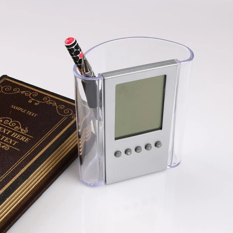 Transparent Electronic Pen Holder Container Lcd Digital Alarm Clock Desk Pencil Holder Organizer Thermometer Calendar For Fami