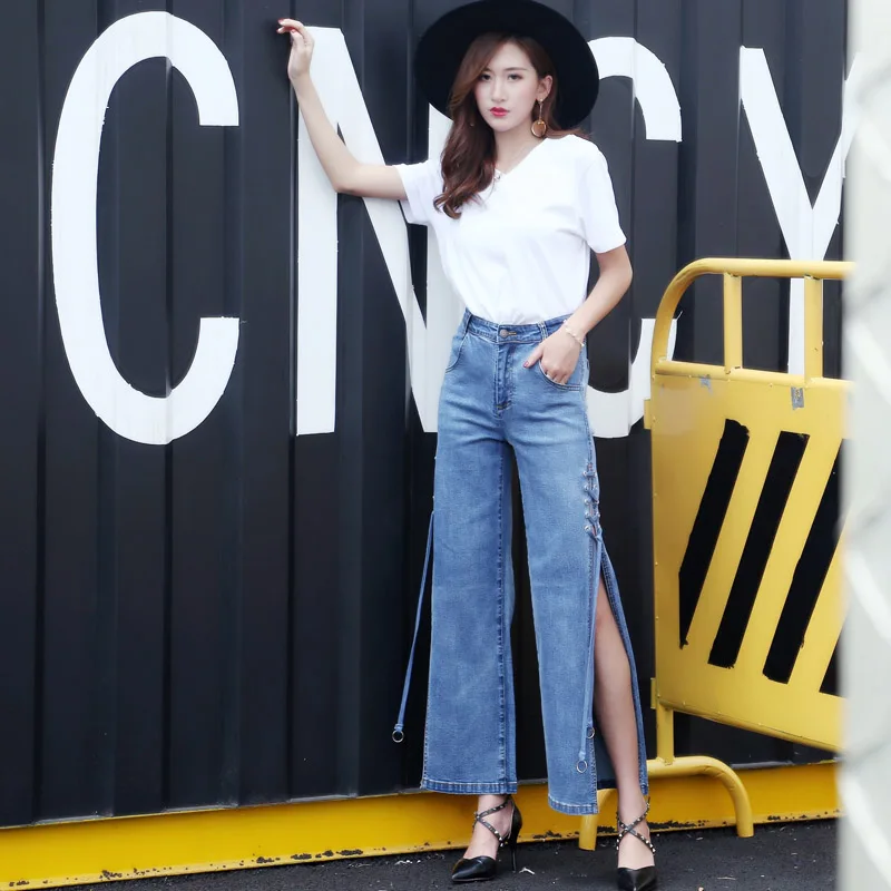 Джинсы Vetevidi с разрезом прямые джинсы высокой талией завязками в европейском и