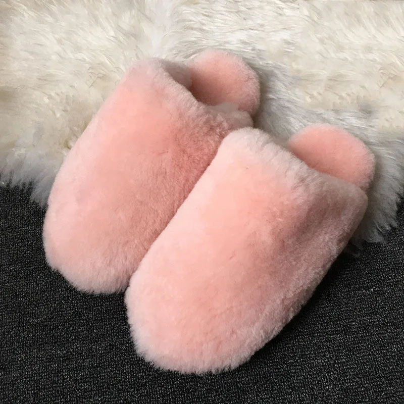 Pink Тапочки из натуральной овечьей кожи наивысшего качества; модные зимние женские домашние тапочки; теплые шерстяные домашние тапочки; женская повседневная домашняя обувь - Цвет: Pink