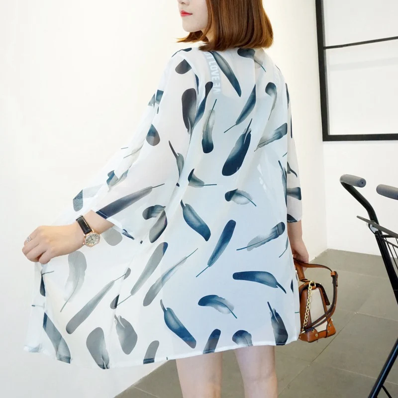 Модная женская рубашка с длинным рукавом Blusas куртка длинная свободная повседневная Sunblock укороченный шифоновый кардиган с принтом кимоно