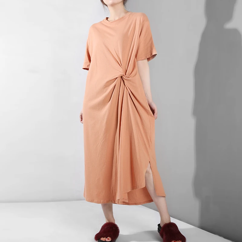 [EAM] Новинка весны summerFashion желтый свободные короткий рукав плиссированные раза асимметрия О-образным вырезом простые женские модельные S206 - Цвет: orange